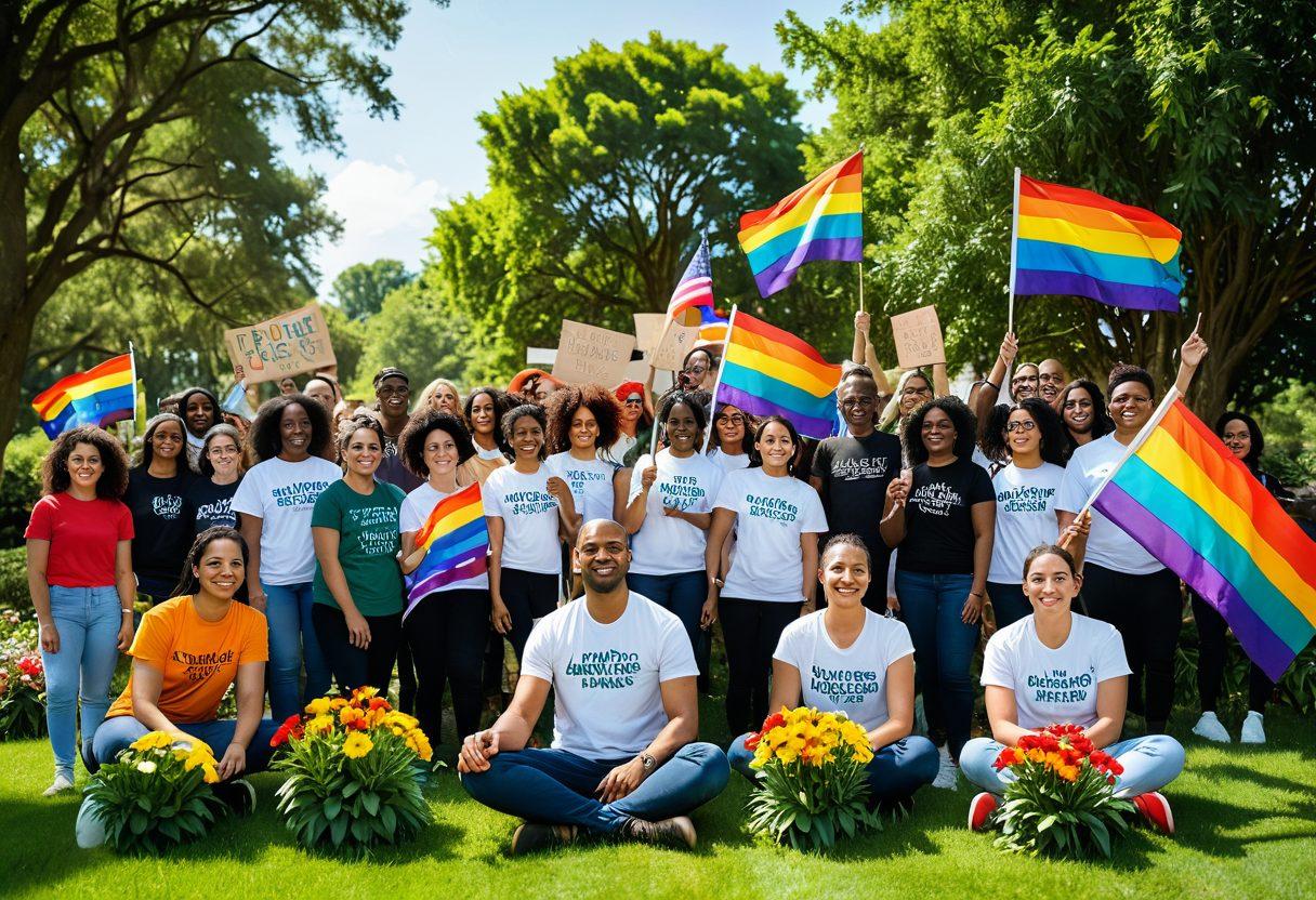 A vibrant montage depicting diverse LGBTQ+ leaders standing together in a lush green environment, symbolizing their advocacy for eco-friendly living. In the background, colorful flowers and trees intertwine with rainbow flags, while a bright sun shines overhead, casting a warm glow. Each leader is engaged in sustainable activities like planting trees, cycling, and holding signs of social justice. The image radiates positivity and unity. super-realistic. vibrant colors. nature-themed.