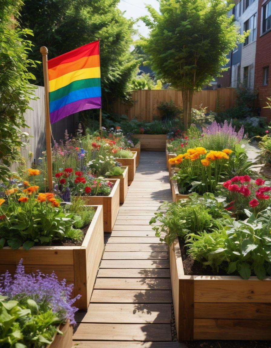 A vibrant urban garden showcasing diverse LGBTQ+ individuals planting and nurturing greenery together, surrounded by colorful flowers and sustainable materials like recycled wooden planters. Incorporate symbols of pride, such as rainbow flags, blending seamlessly with nature. The scene should radiate positivity and community spirit, highlighting the connection between sustainability and the LGBTQ+ movement. 3D. vibrant colors. nature and urban elements.
